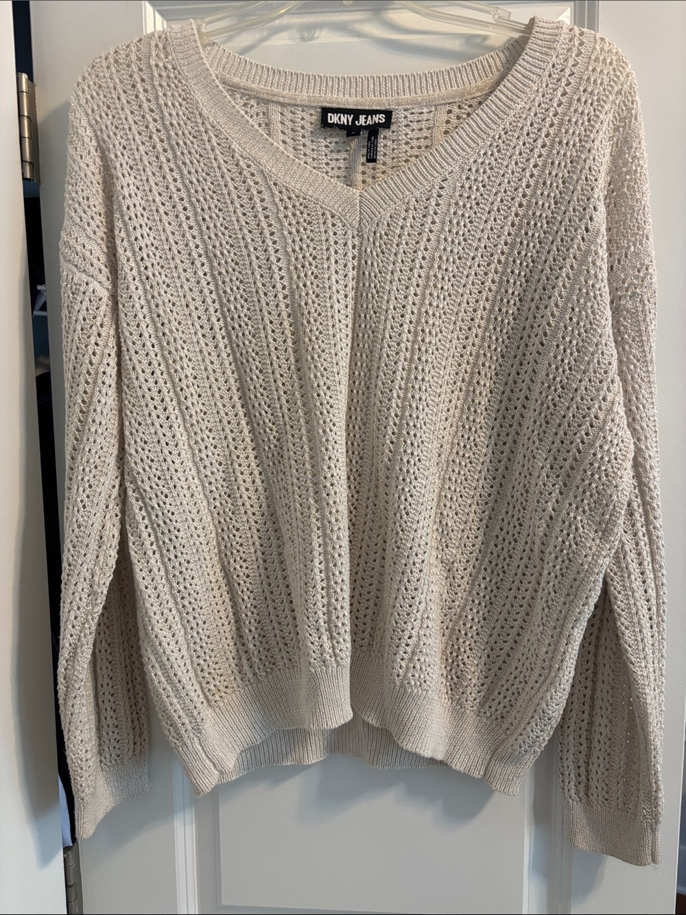 Dkny Beige Open-Knit V-Neck Sweater